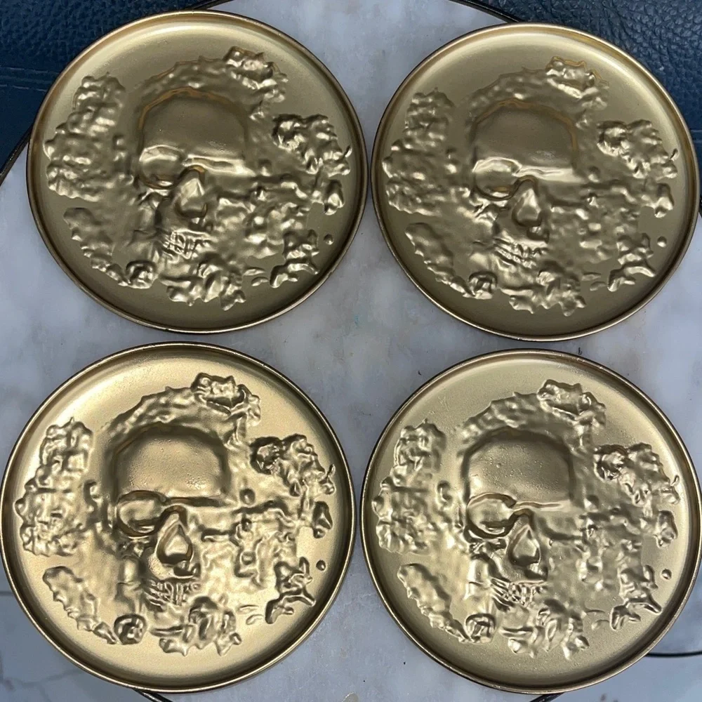Threshold Metal Antique Gold Skull Embossed Coasters Set Halloween Man Cave